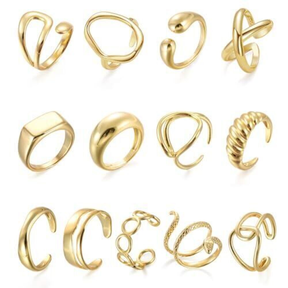 5112 10PCS Gold Dome Chunky Rings 18K Gold Plated Braided Twisted Round